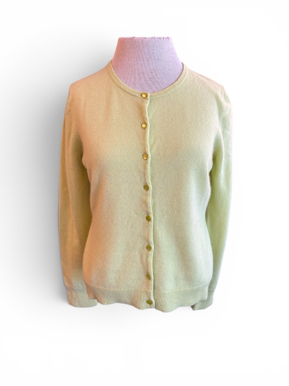 Garnet Hill Cashmere M Light Yellow Green Crewneck Button-Front Women's Sweater